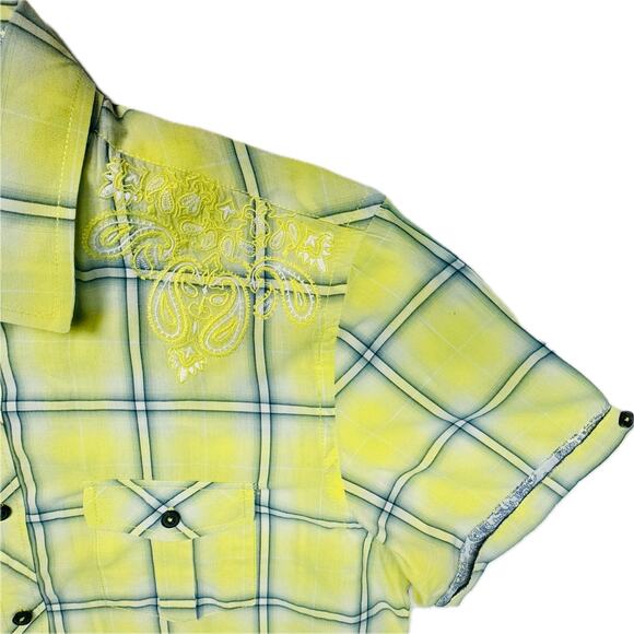 Vintage Red Button Up Casual Embroidered Short Sleeve Shirt Men L Yellow Blue - Picture 6 of 10